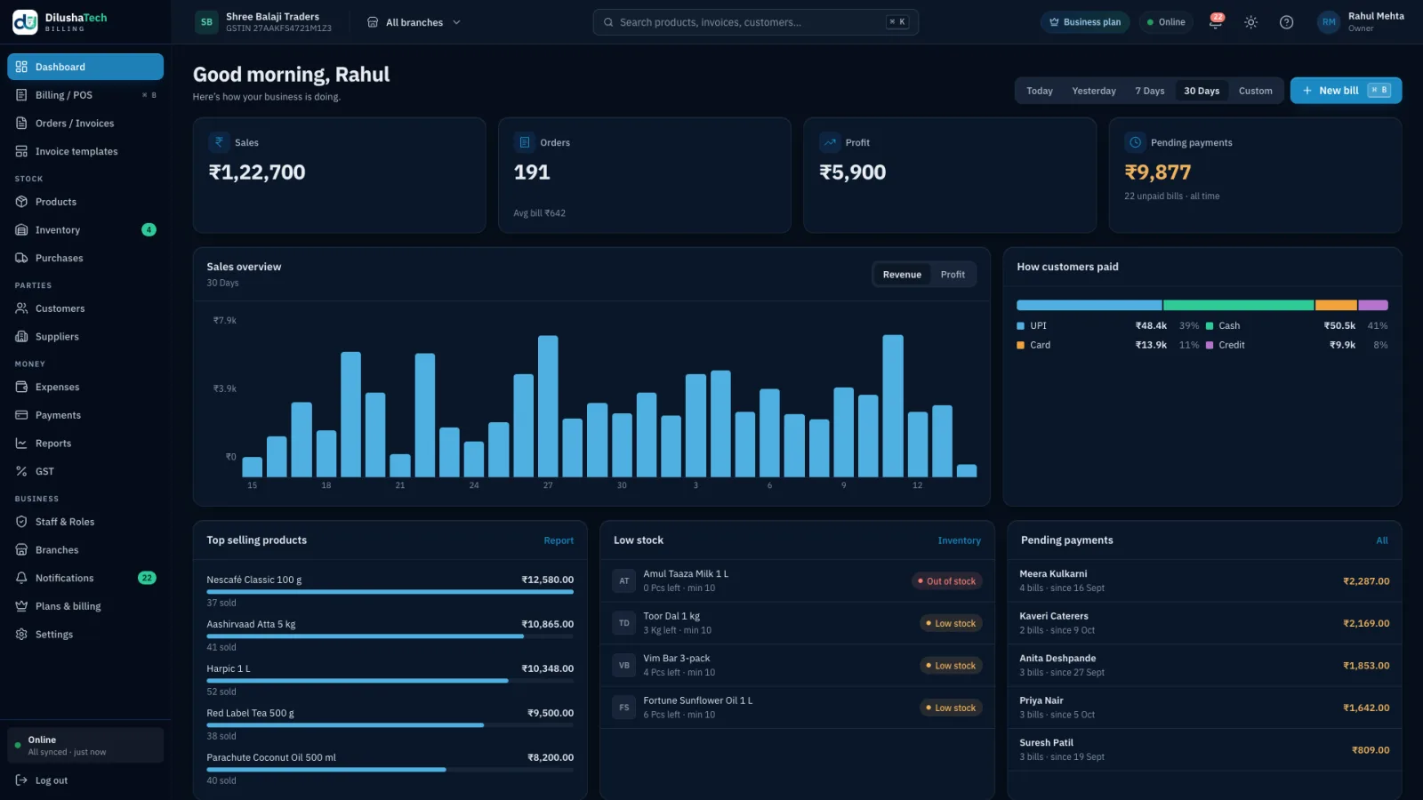 DilushaTech Billing Dashboard screen
