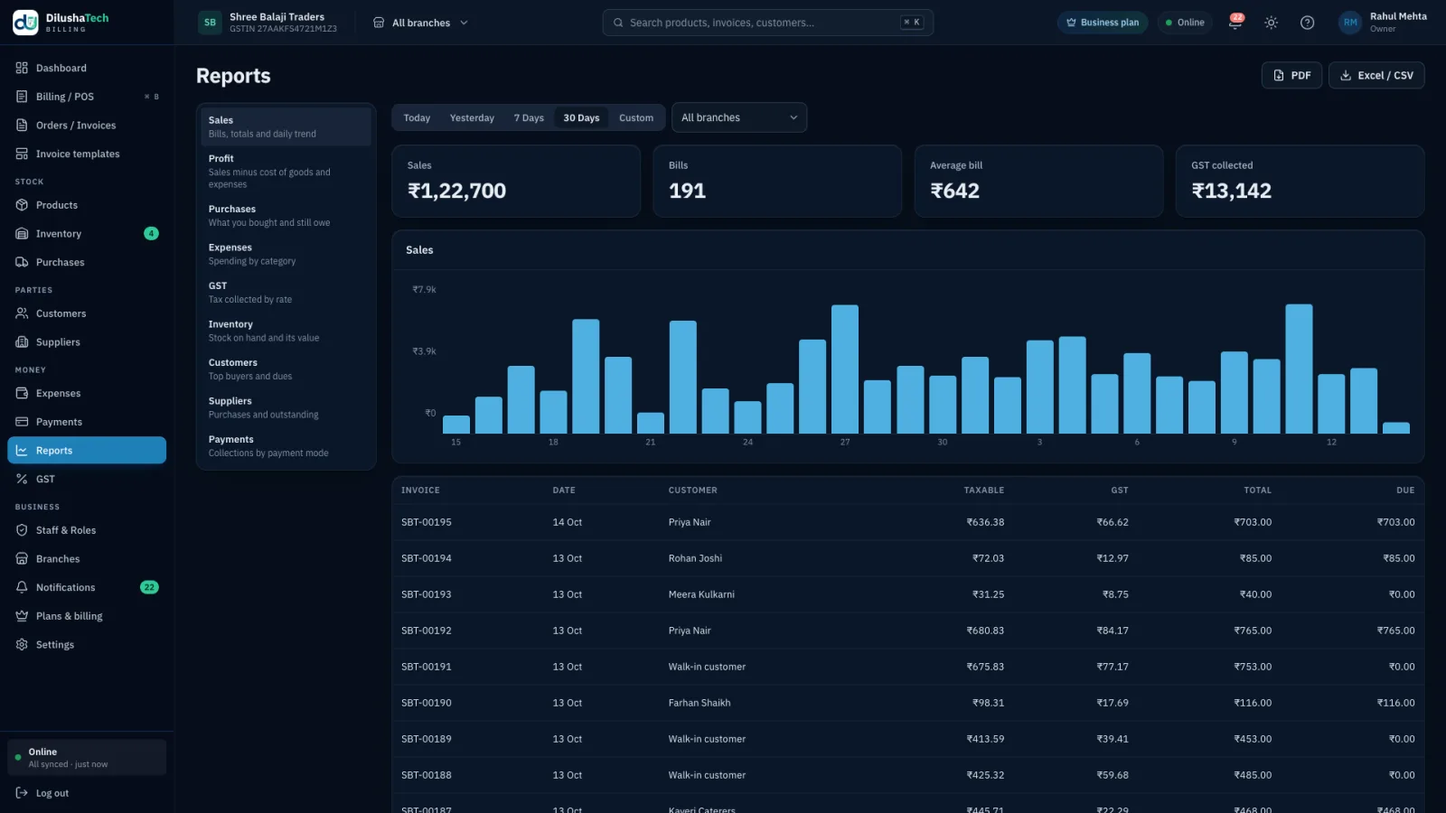DilushaTech Billing Reports screen